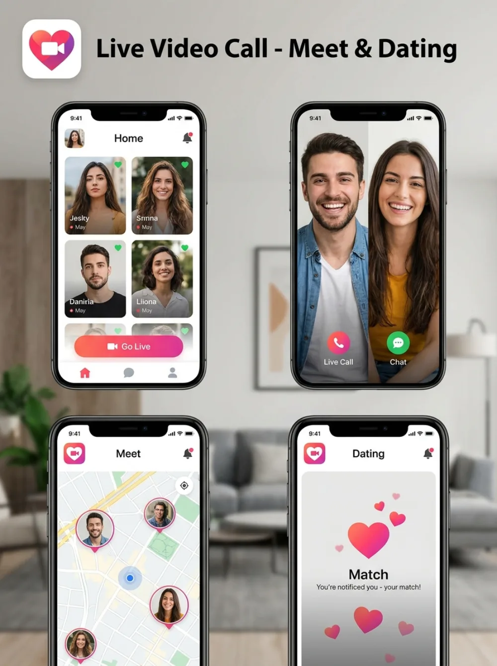 XDate: Live Video Call & Chat app screens: discover people, live video call, meet nearby and match on Android